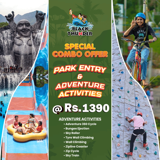 offer brochure showing prices, and inclusions with images of water slides, and adventure rides at Black Thunder Water Theme Park facilities