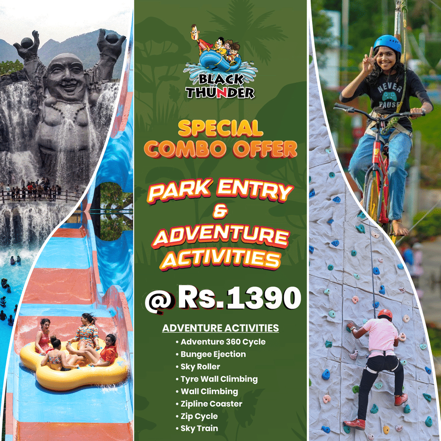 offer brochure showing prices, and inclusions with images of water slides, and adventure rides at Black Thunder Water Theme Park facilities