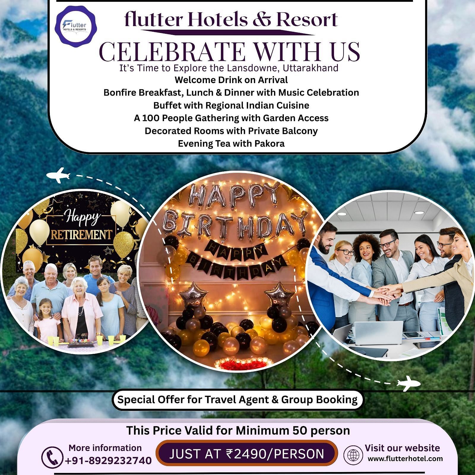 Poster for group celebration packages at Flutter Hotels & Resort, Lansdowne — includes meals, decorated rooms, and special offers for large bookings.