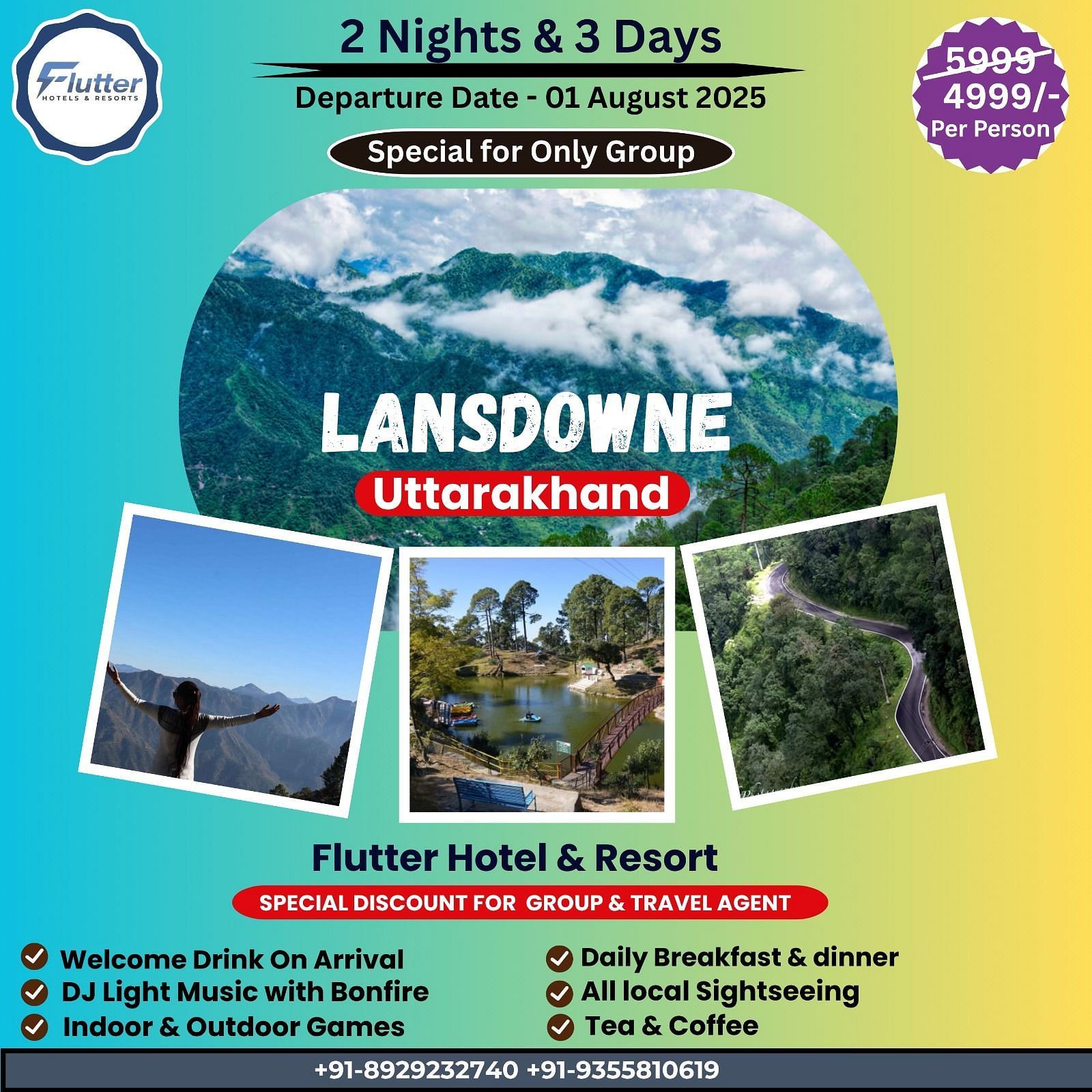 Promotional poster for a 2-night, 3-day group trip to Lansdowne by Flutter Hotels & Resort with meals, activities, and local sightseeing.