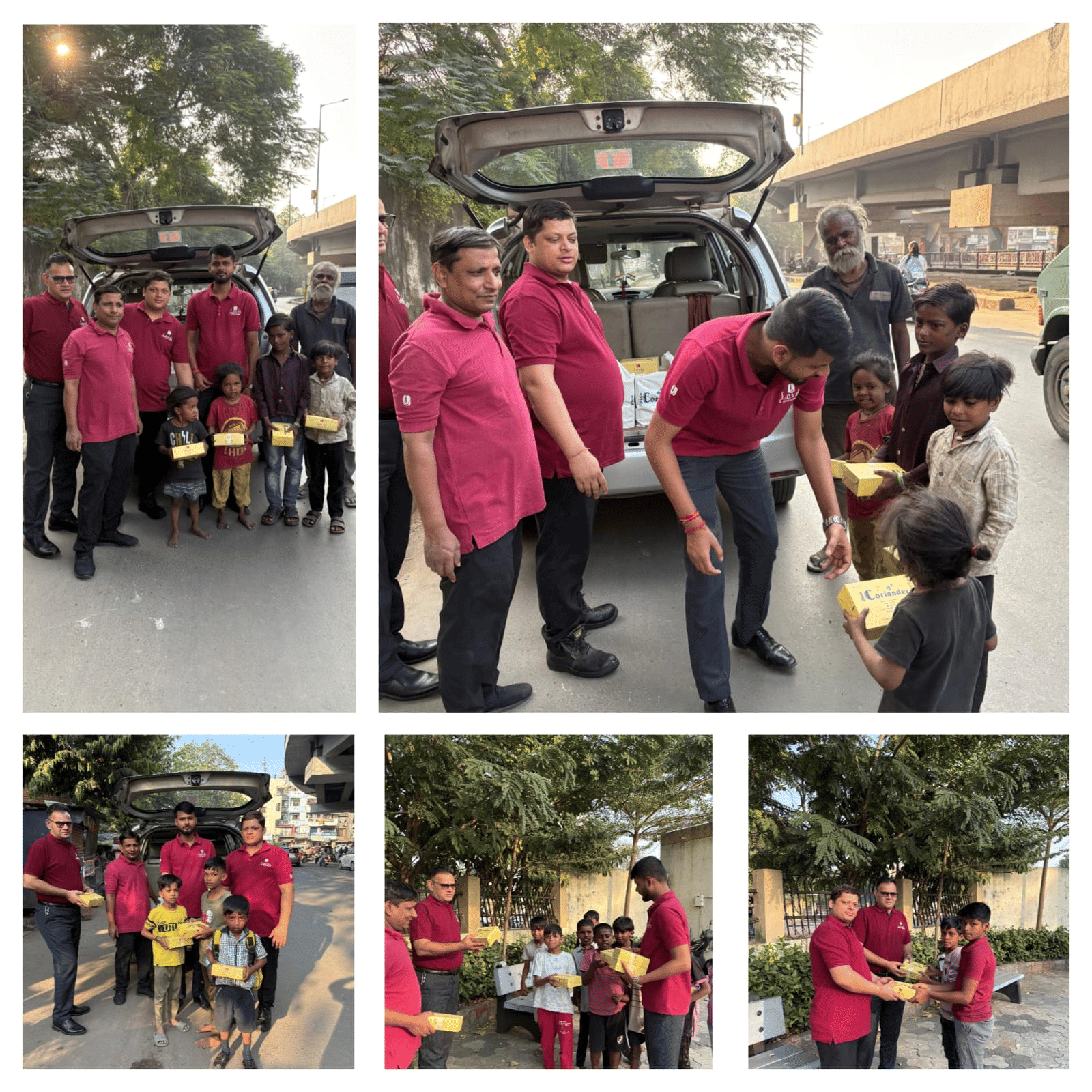 Collage showing men in red uniforms distributing packed food to children on a street and near a park area as part of a community support activity.