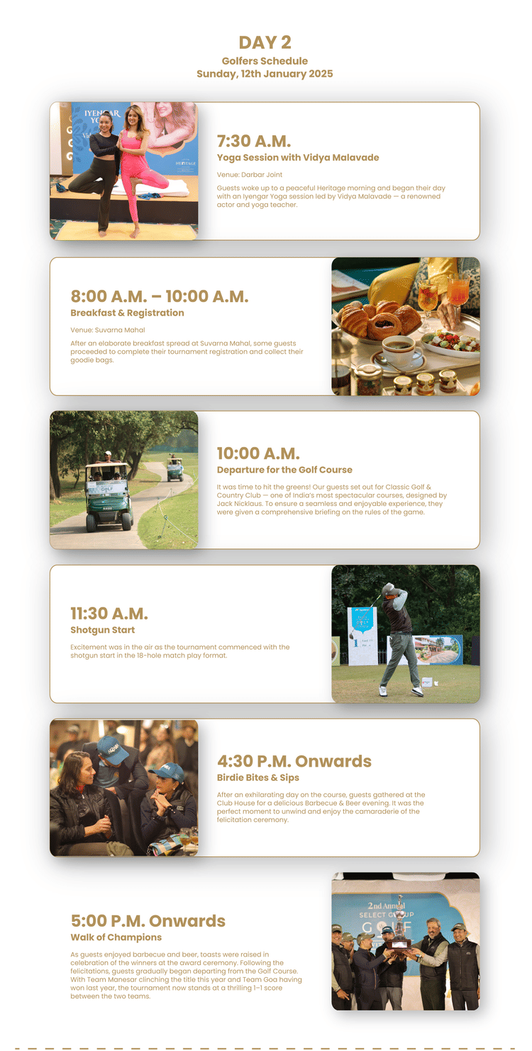 Schedule for golfers on Day 2 Sunday, January 12th, 2025, including yoga, breakfast & registration, golf course departure, shotgun start, social gathering, and awards
