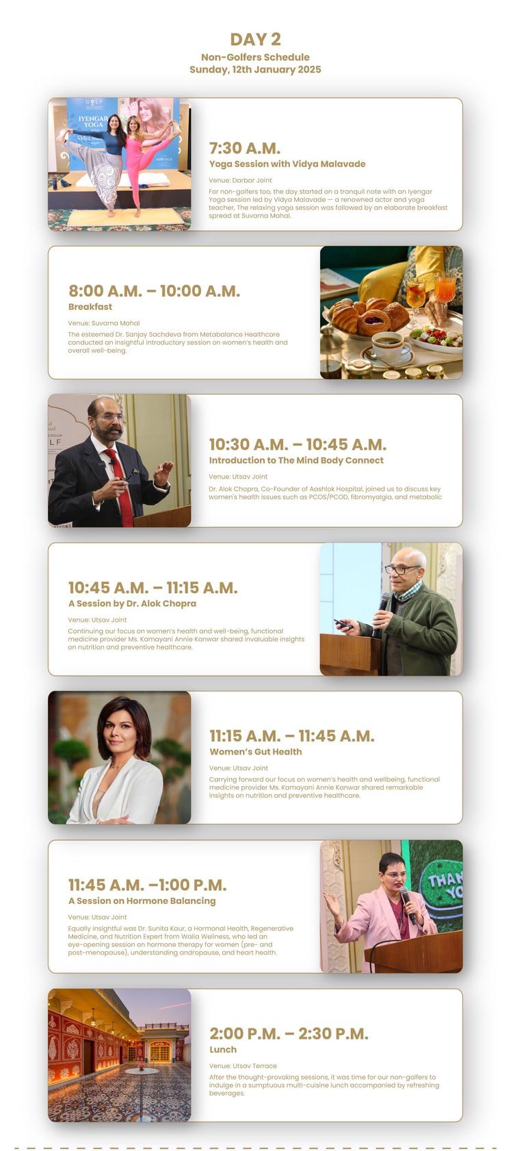 Schedule for non-golfers on Day 2 Sunday, January 12th, 2025, including yoga, breakfast, mind-body session, gut health talk, hormone balancing, and lunch