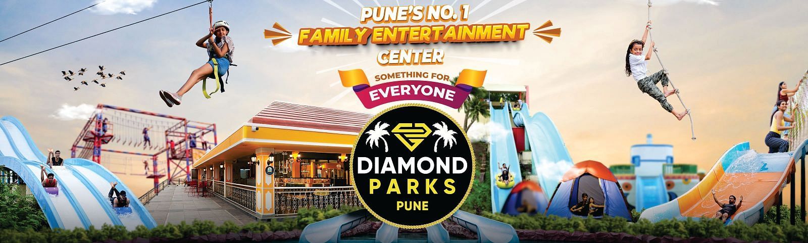 Diamond Parks Adventure Promo Showing People Engaged in Various Outdoor Activities Like Zip-lining and Climbing with Event Details | Diamond Parks, Pune 