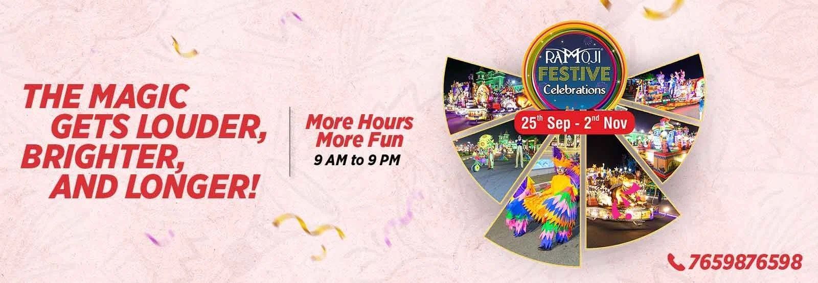 A creative of Festive Carnival banner featuring colorful festival images arranged in a circular design, with the text The Magic Gets Louder, Brighter, and Longer! More Hours, More Fun – 9 AM to 9 PM and a contact number. 