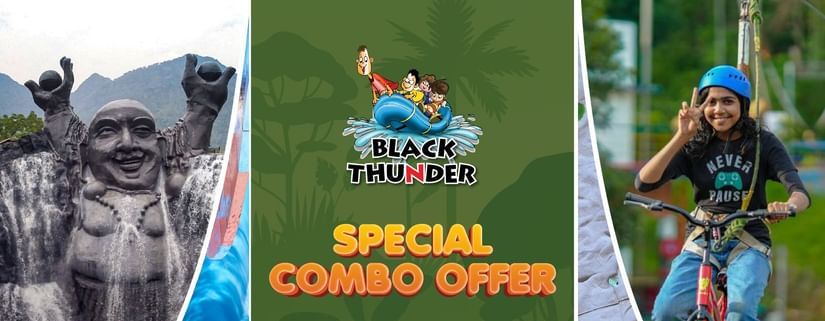 Collage showing water slides, pool activities, and adventure rides at Black Thunder Water Theme Park facilities.