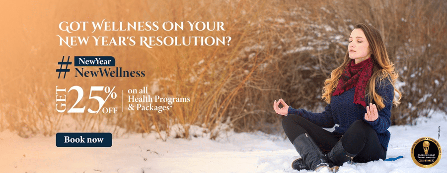 A woman meditates in a snowy landscape, with text promoting a New Year New Wellness offer at YO1 Longevity & Health Resorts, Catskills.