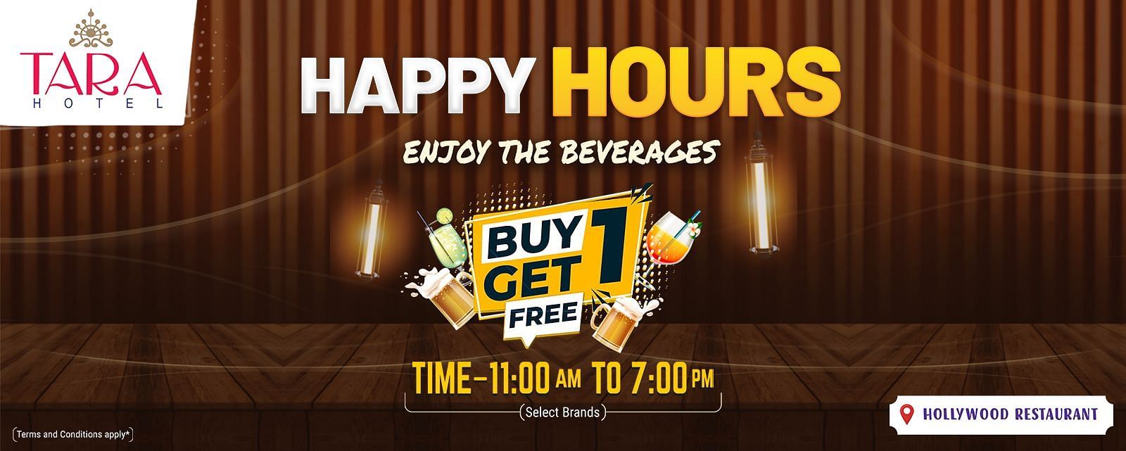 Happy Hours offer at Tara – A Luxury Hotel, Ramoji Film City. Buy 1 get 1 free on drinks from 11:00 AM to 7:30 PM.