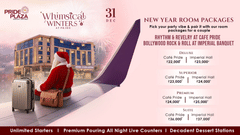 A creative of New Year Room Packages at Pride Plaza Hotel, New Delhi where the price starts from 22,000 rupees on 31st December 2025. It also includes Rhythm and Revelry at Cafe Pride and Bollywood Rock and Roll at Imperial Hall.
