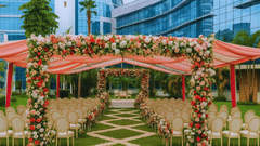 Outdoor event decorations with flowers and chairs at The Boma Nairobi.