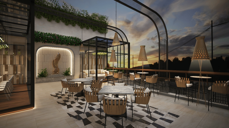 Stylish resort courtyard with a curved glass canopy structure, lounge seating, and lush greenery.