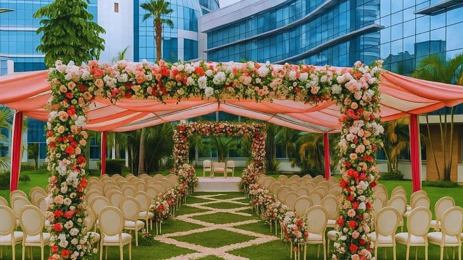 Outdoor event decorations with flowers and chairs at The Boma Nairobi.