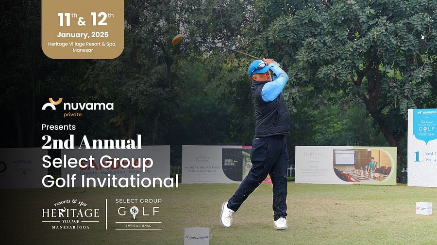 The image appears to be a promotional graphic for the 2nd Annual Select Group Golf Invitational, held on January 11th and 12th at Heritage Village Resort and Spa. A golfer is visible in the background, swinging a club on a green course. 