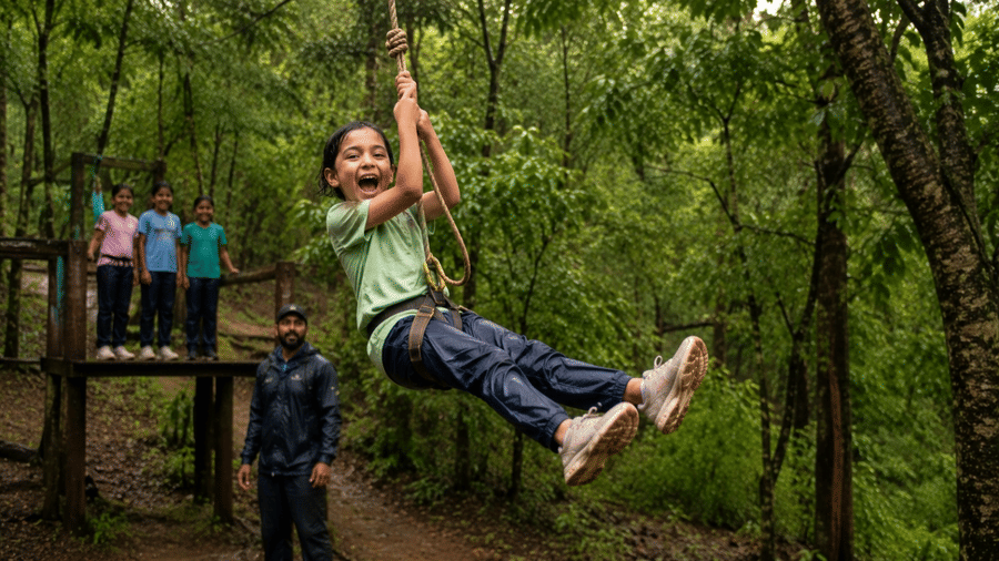 Kids adventure activities Sajan Nature Club Vikramgad forest weekend