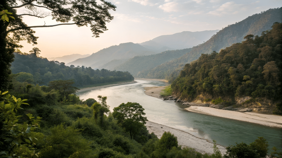 riverside landscape near Nature Trails Chilla Rishikesh with forested surroundings