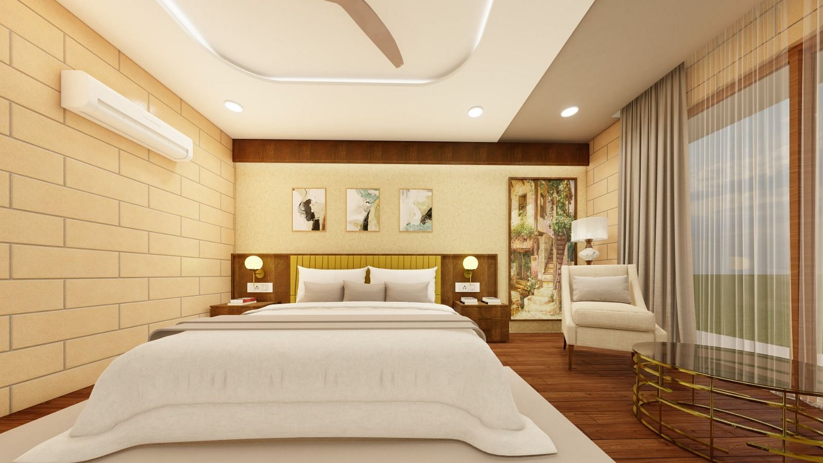 Photo showing the King size bed and plush interiors of the Premium Alphonso Room, at Trishvam Symphony, Krishnagiri