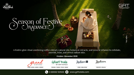 Bodhi Prana festive spa ritual with a woman relaxing on a treatment bed surrounded by candles, flowers and festive décor, promoting a glow experience from October to December 2026.