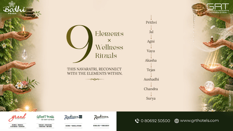 Grt hotels navratri poster '9 elements x wellness rituals' by bodhi prana spa — hands holding stones, lamp, crystal, flowers, water, feather, oils, light, moon; lists 9 elements and hotel brand logos.