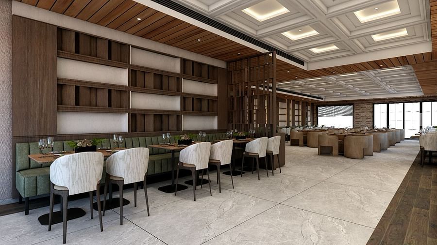 A restaurant with chic and modern interiors with several chairs surrounding the dining tables - Namaste Corbett