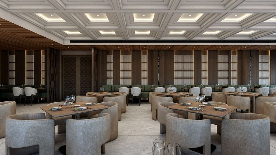 Full view image of the restaurant with featuring an expansive area with grey coloured chairs set around the table - Namaste Corbett