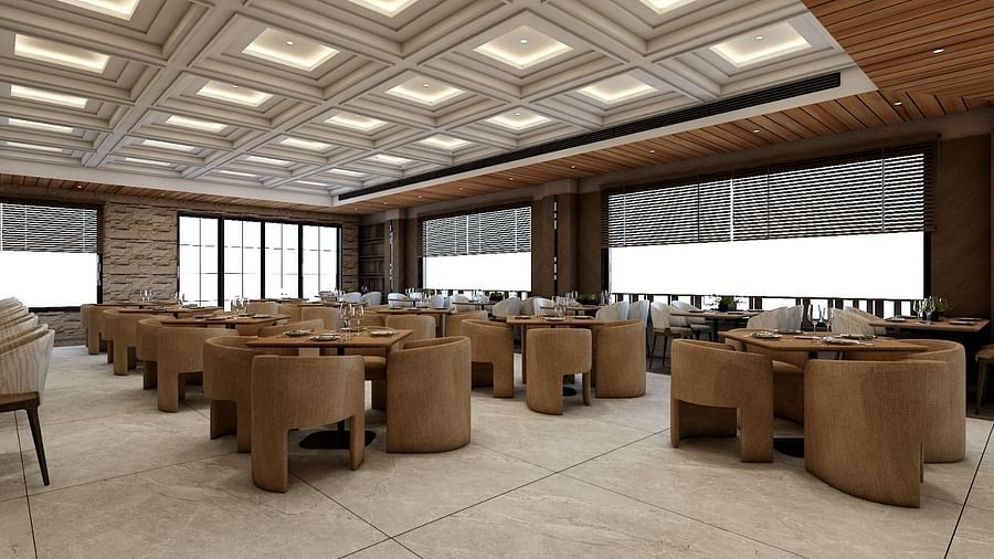A brightly lit interior of a  restaurant with ample of natural light coming from the huge windows - Namaste Corbett