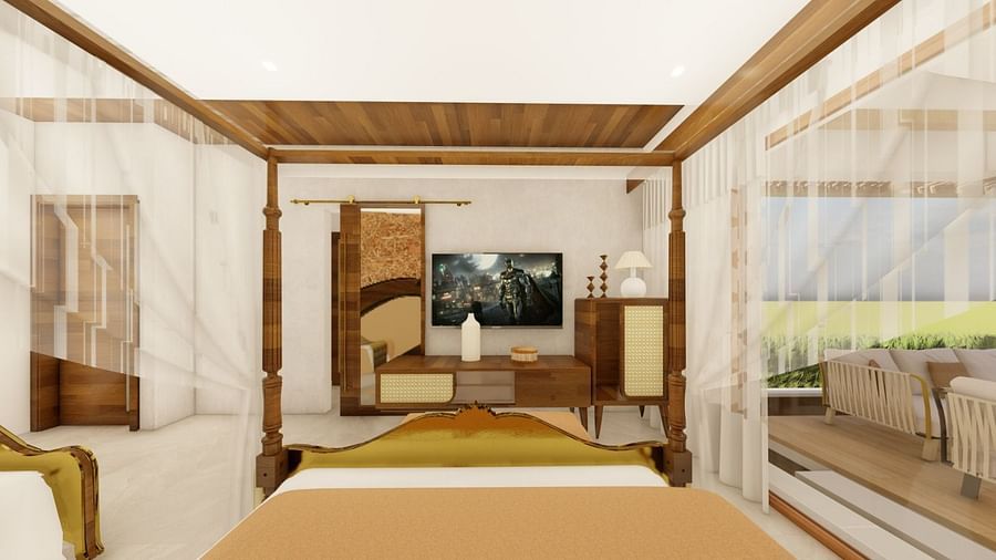 View of the Television from the King size bed of the Trishvam Suites, Trishvam Symphony, Krishnagiri