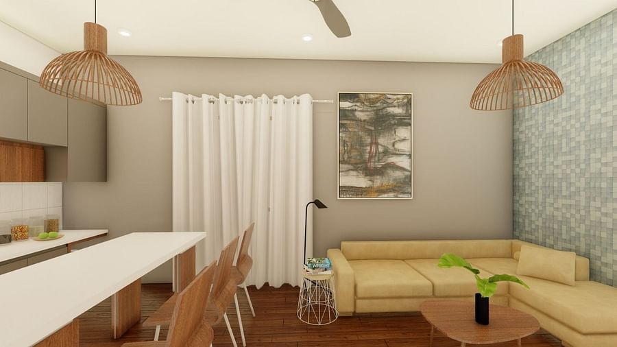 Living room of the Trishvam Suites, giving the viewers a glance of the Kitchen cabinets, at the Trishvam Symphony, Krishnagiri