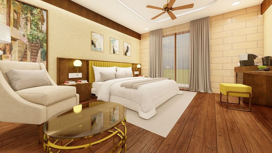 Plush Interiors and beddings of the Trishvam Private Pool Rooms at Trishvam Symphony, Krishnagiri