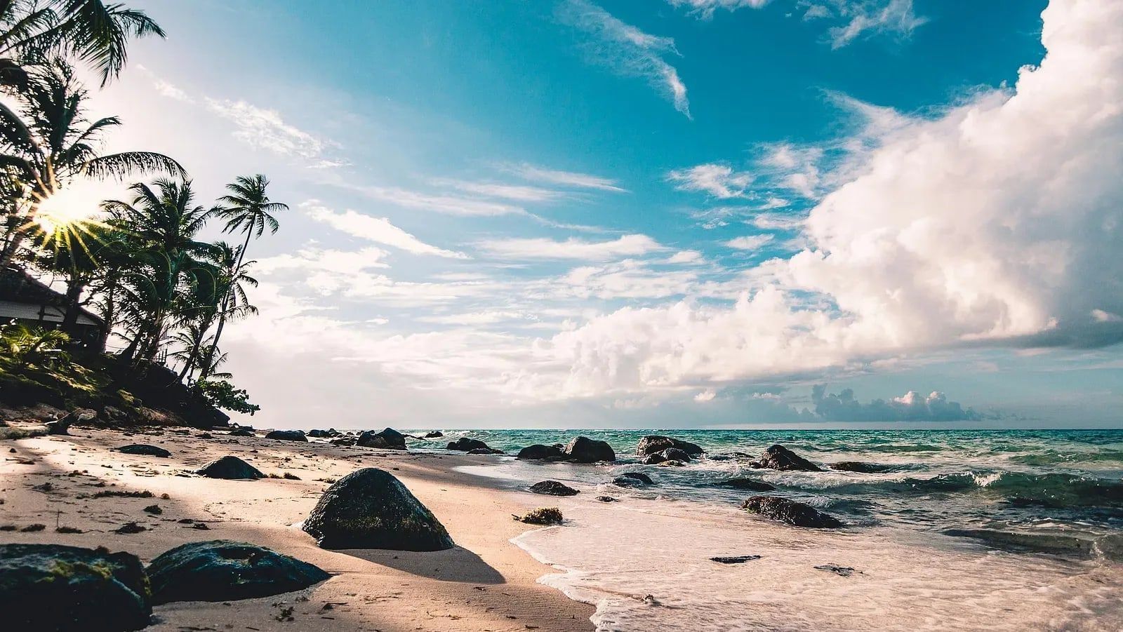 Scenic tropical beach with black rocks, palm trees, and turquoise waters under a partly cloudy sky.