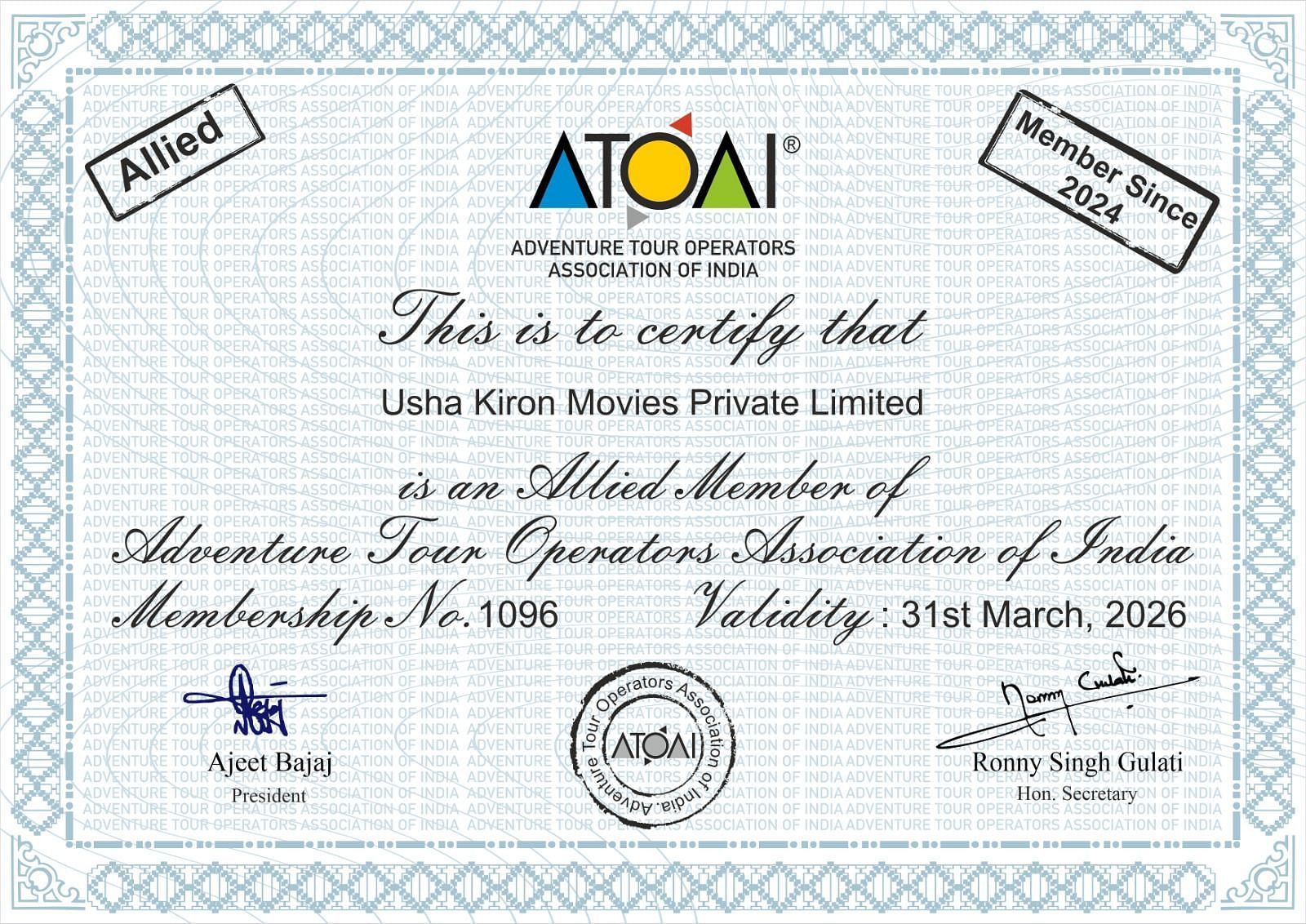 Certificate of Allied Membership issued by the Adventure Tour Operators Association of India (ATOAI) to Usha Kiran Movies Private Limited. It confirms their status as an Allied Member with Membership No. 1096, valid until 31st March 2026.