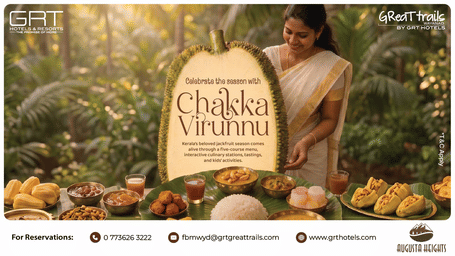 Promotional creative for Chakka Virunnu offer at GReat Trails Wayanad by GRT Hotels, celebrating the jackfruit season with a 5-course menu, interactive culinary stations, tastings, and kids activities. 