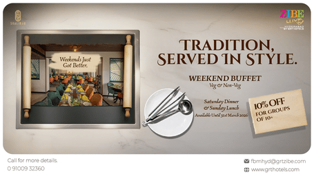 Promotional creative for Shalimar showcasing a weekend buffet offer with veg and non-veg options, group discount details, and an image of the restaurant interior.