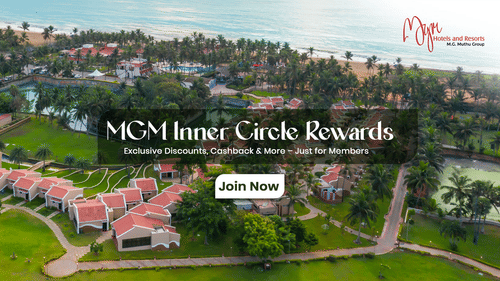 Promotional poster for MGM Hotels & Resorts’ “MGM Inner Circle Rewards” showing a seaside resort with villas, promoting exclusive member discounts, cashback & benefits.
