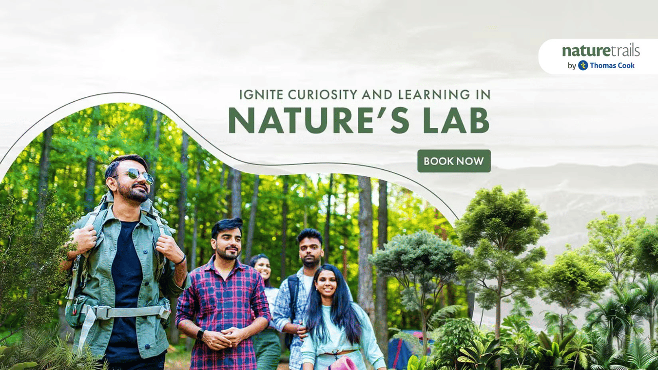 Promotional banner featuring a group of people with backpacks on their way to explore nature at Nature Trails Resort. The banner also says Ignite Curiosity and Learnings in Nature's Lab.