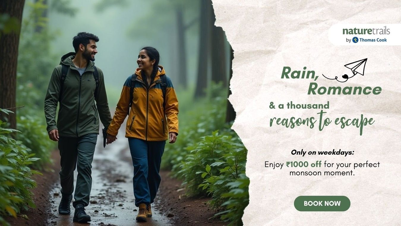 Promotional banner of Nature Trails featuring a couple walking hand in hand in a wet forest. The promotion is about enjoying 1000 rupees off during weekdays.