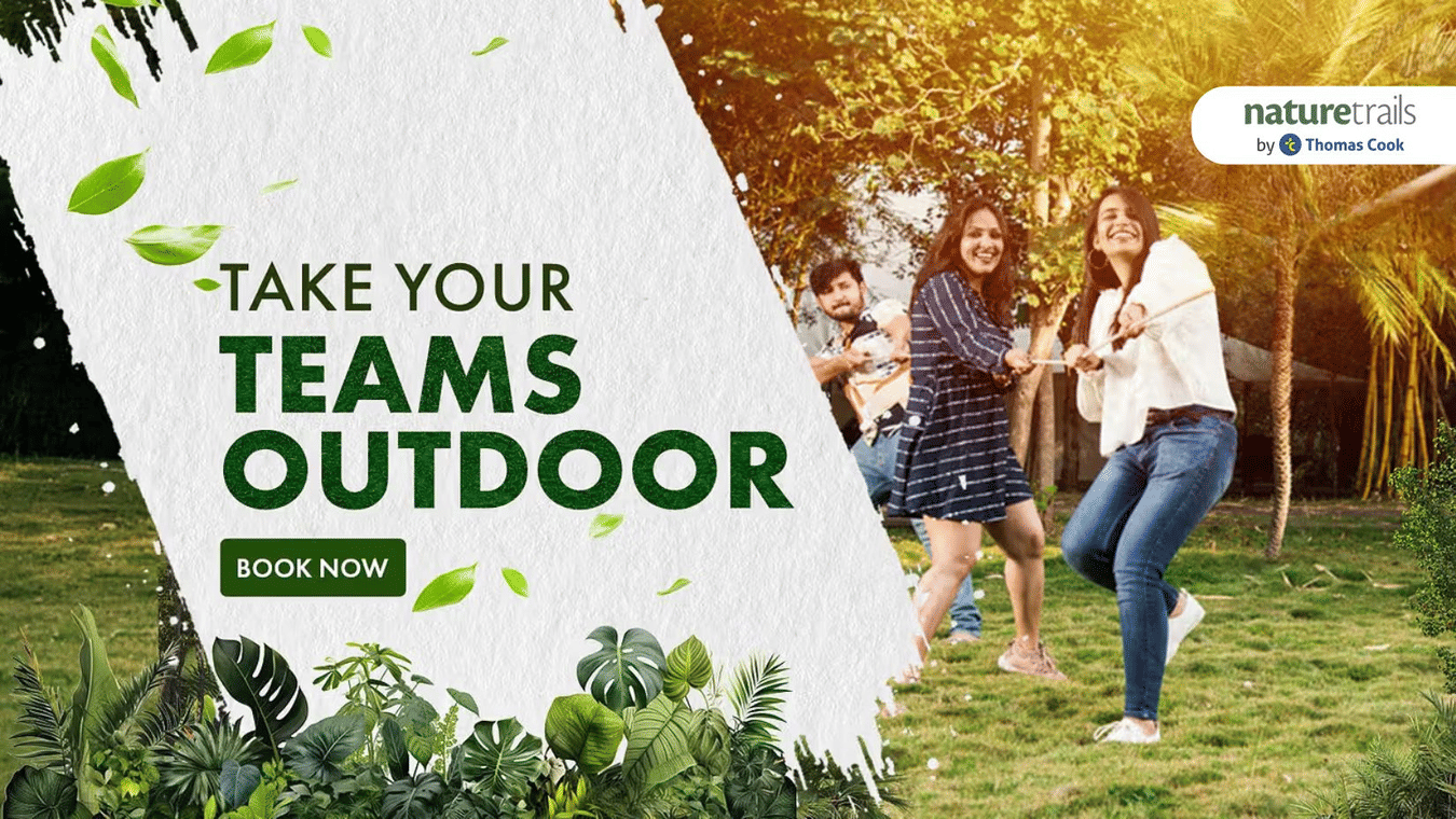 Promotional banner featuring a group of people on one side pulling the rope for tug of war at Nature Trails Resorts. The banner is asking guests to take their teams outdoor.