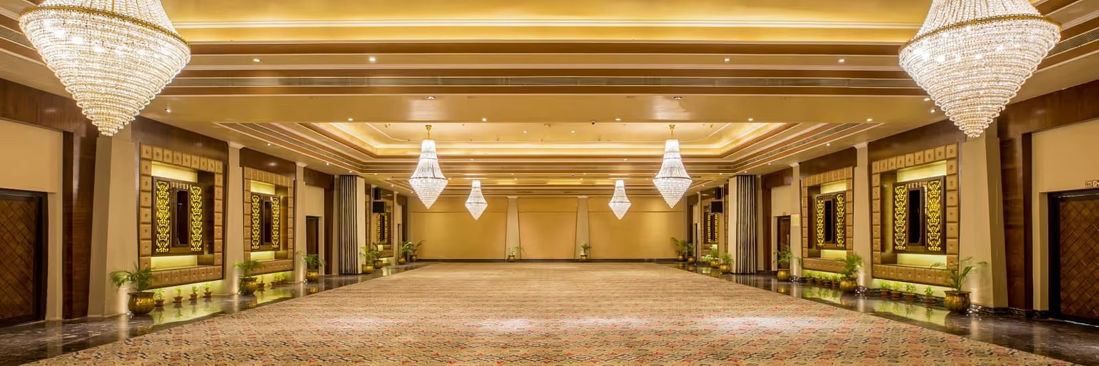 Interiors of an empty banquet hall at Swosti Resorts