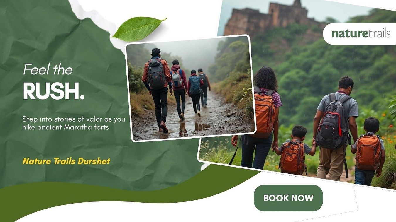 Group of trekkers exploring lush green trails during a Nature Walk near historic fort ruins – promotional banner for Nature Walk Package with a 'Book Now' call-to-action.