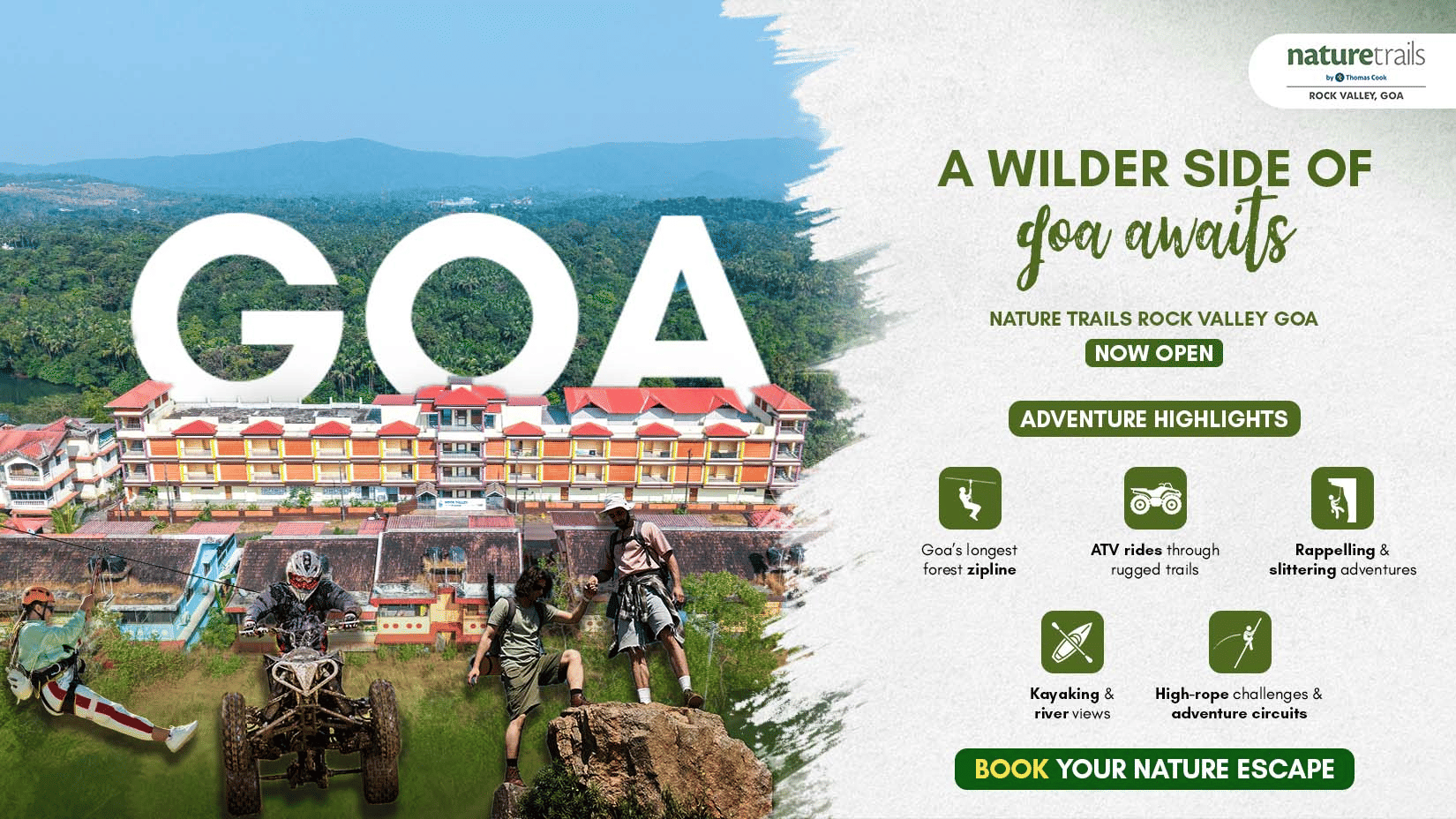 A travel advertisement featuring the word 'GOA' in large white letters with illustrations of people hiking.