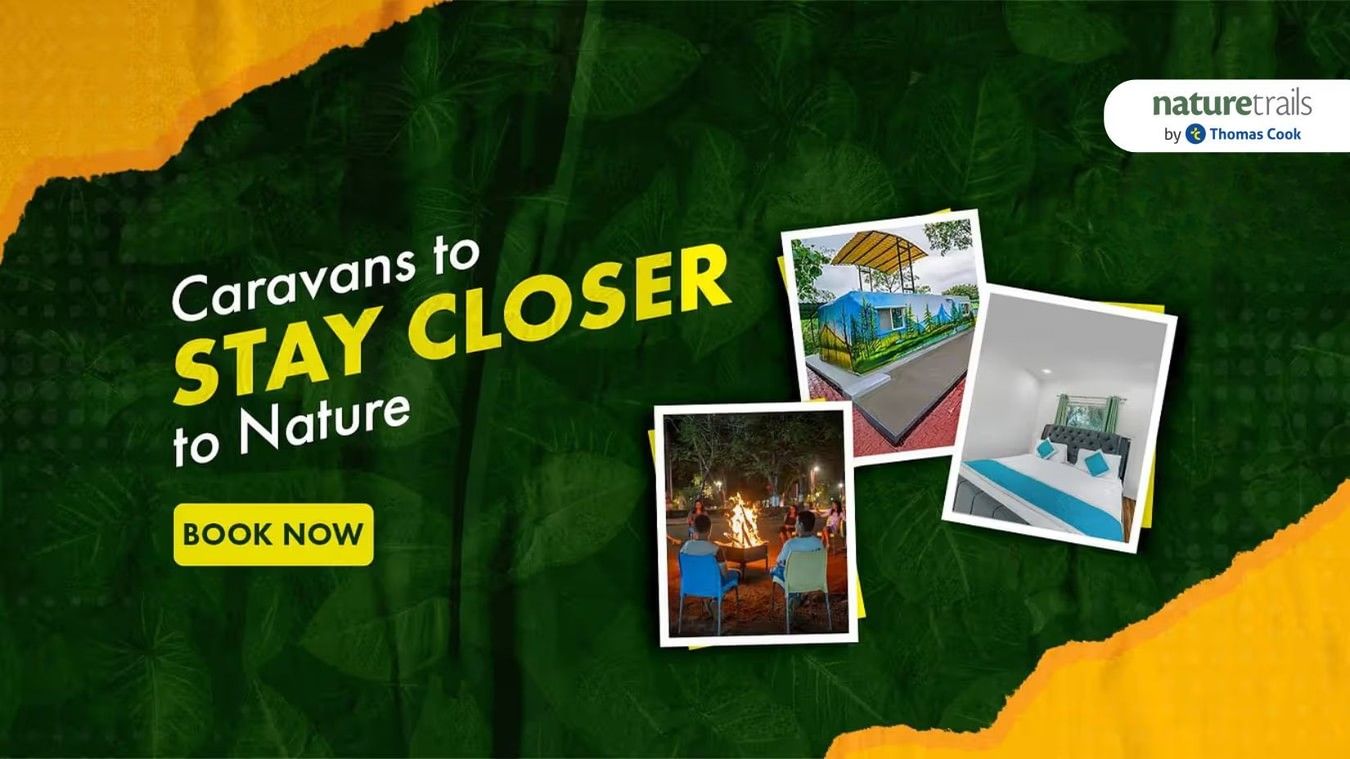 Promotional banner of Caravans To Stay Closer To Nature with leafy background. The banner also features three images of bonfire, a caravan, and a bedroom at Nature Trails Resort.