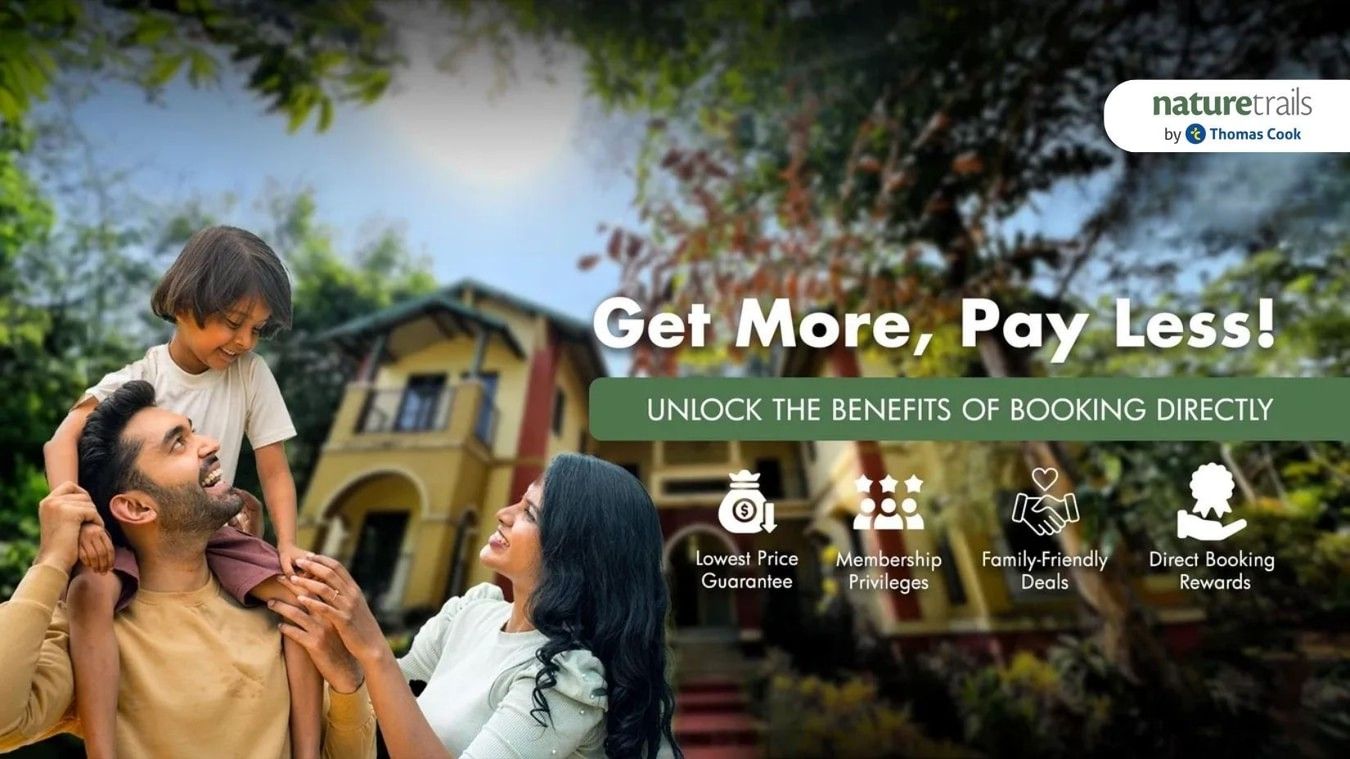 Promotional Banner of Get More, Pay Less featuring a family of three, mother and a child sitting on his father's shoulder. The promotion is about direct booking at Nature Trails Resort which can unlock numerous benefits.