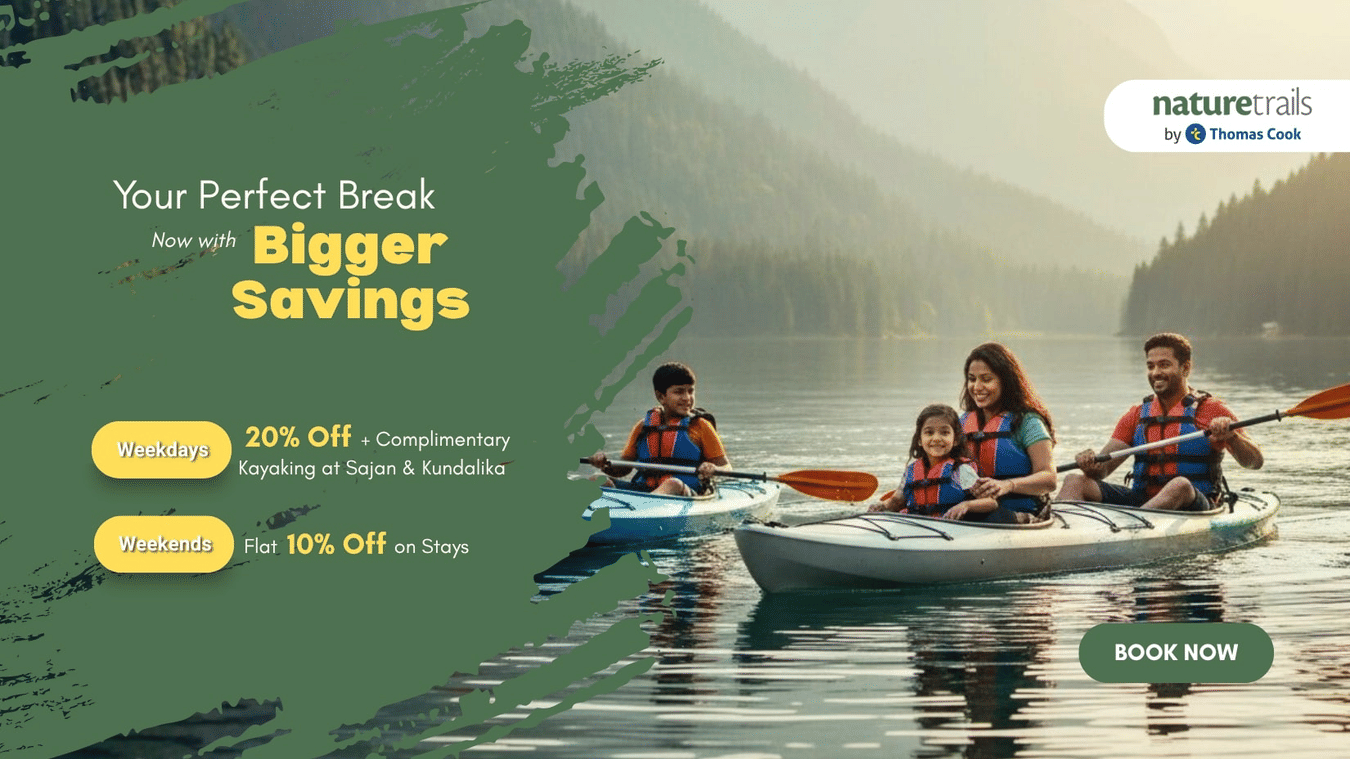 Family kayaking on a lake with Nature Trails by Thomas Cook offers: 20% off weekdays + free kayaking, 10% off weekends.