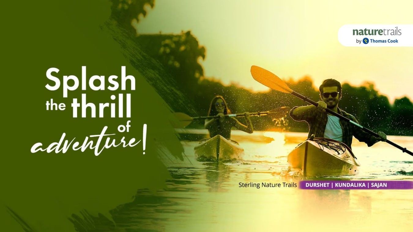 A promotional banner featuring two people rowing their respective boats on a lake. The banner says Splash the Thrill of Adventure at Nature Trails Durshet, Kundalika, and Sajan.