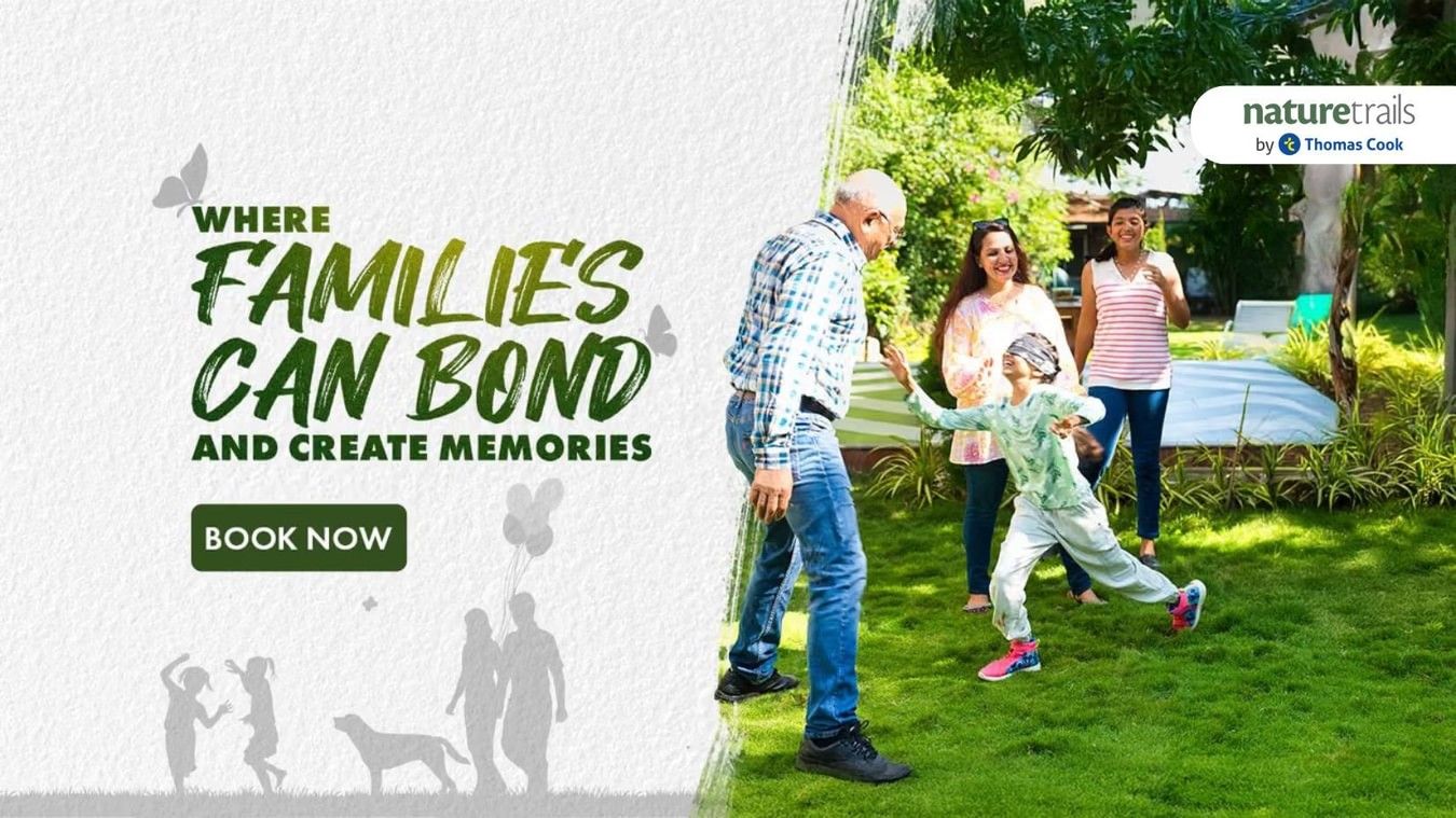 A promotional banner featuring a parents enjoying with their son and daughter enjoying blind fold game in a garden. The promotion is about families bonding over at Nature Trails Resort and creating memories.
