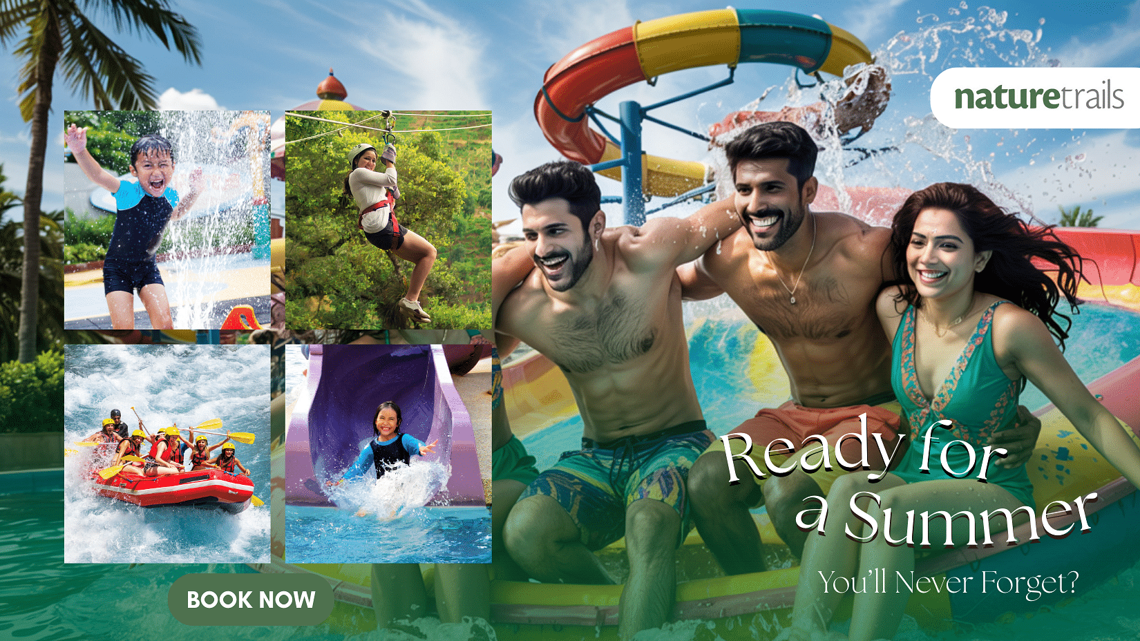 Families having fun on water slides and in pools, highlighting a Nature Trails summer getaway offer.