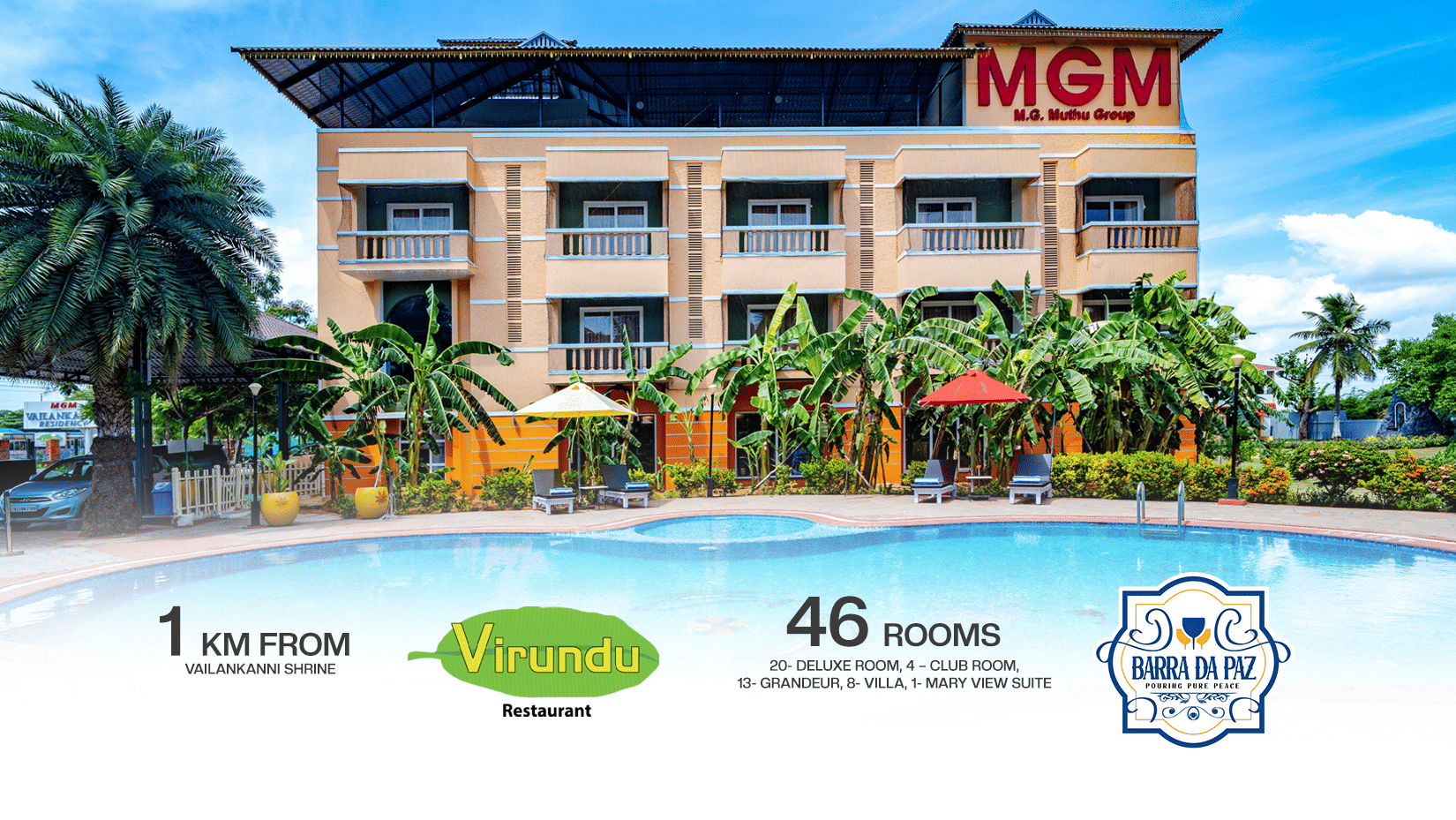 Facade of MGM Vailankanni Residency with a swimming pool and palm trees in the front.