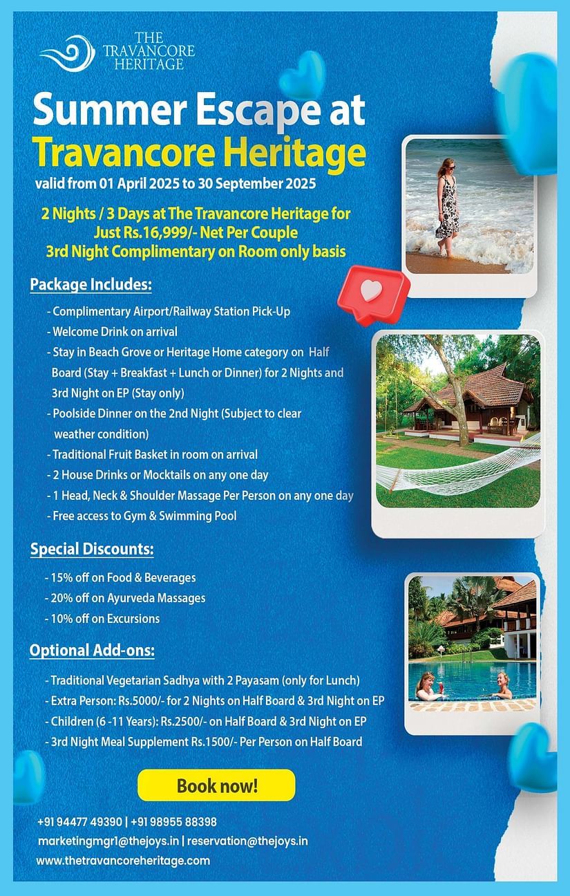 Poster for the Summer Escape at The Travancore Heritage Beach Resort, highlighting a 2-night stay offer with inclusions, discounts, and a complimentary third night.