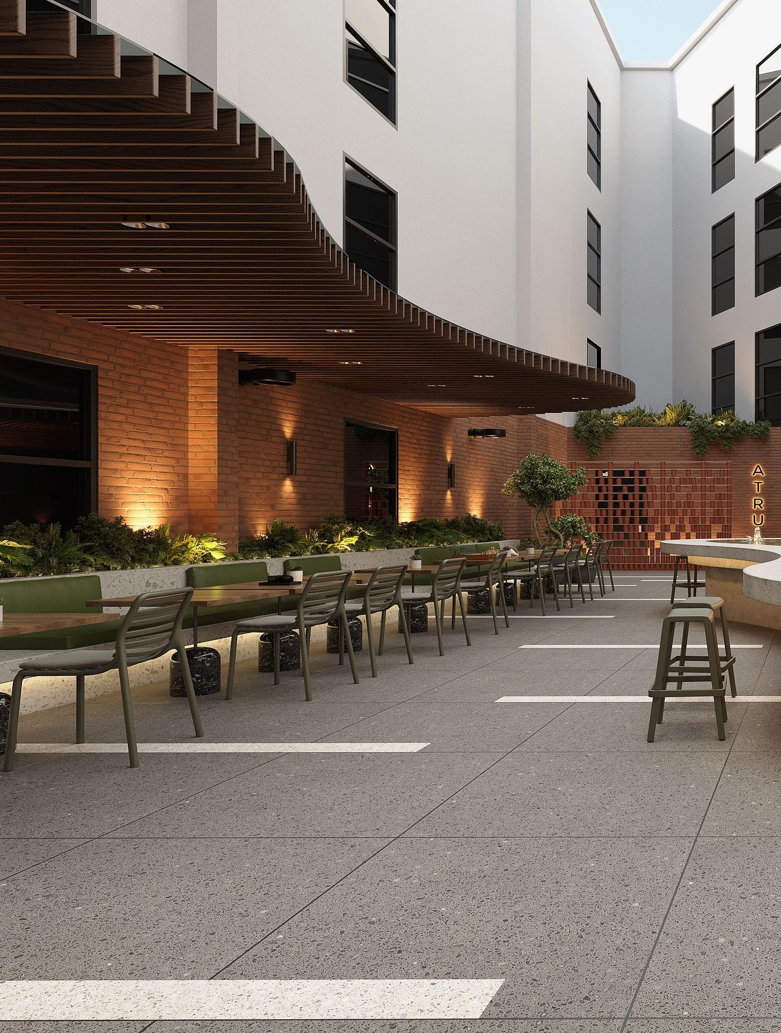 Comfortable dining seating at the Atrium at The Pelican Hotel, Accra.