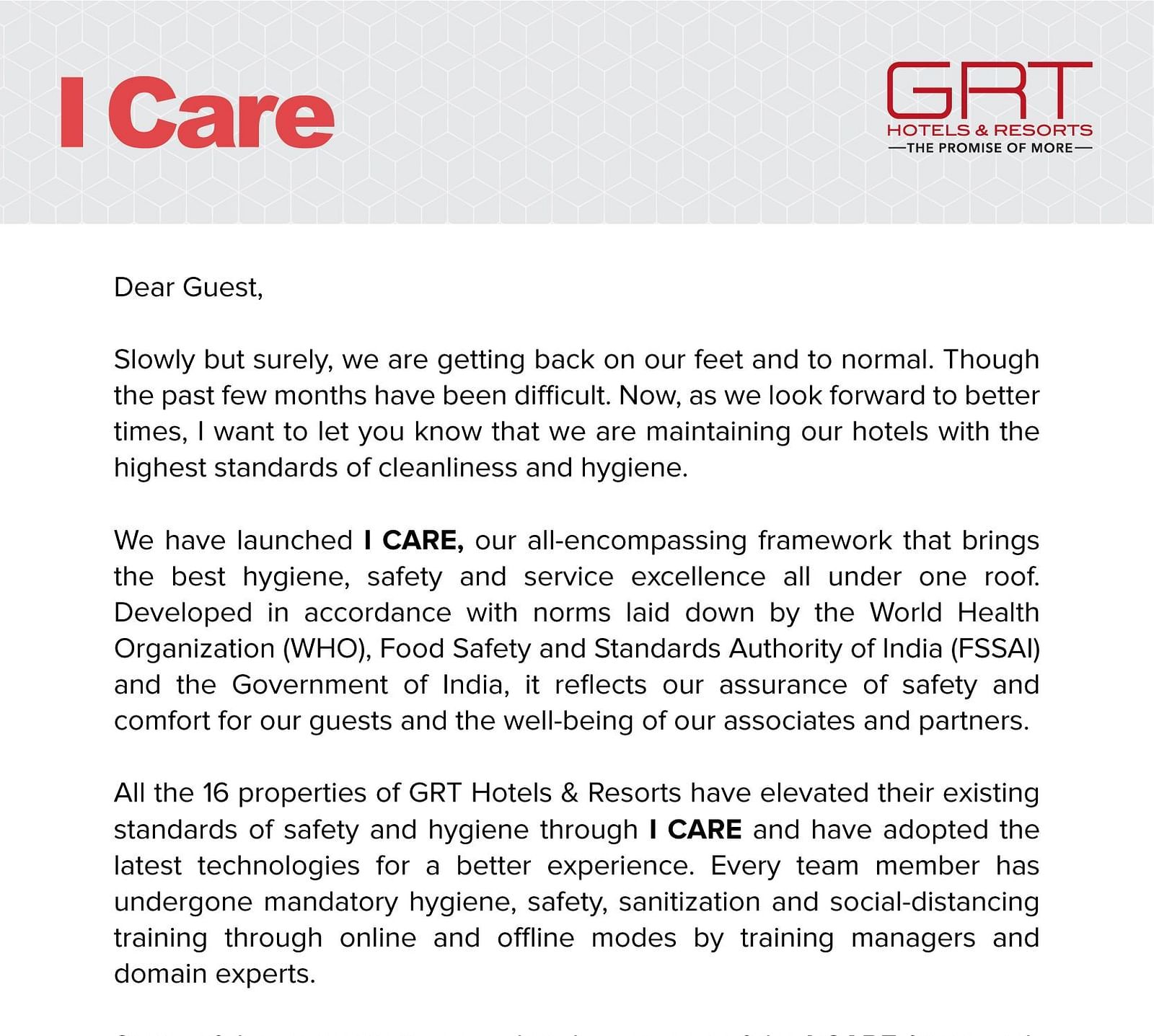 A letter to the guests from Vikram Cotah-Cheif Operating Officer of GRT Hotels during COVID-19.
