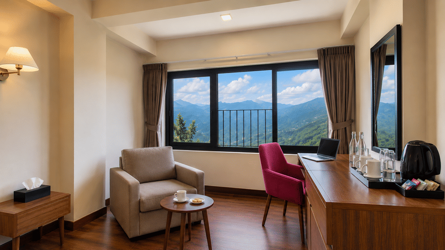 Sitting area at Valmere Himalayan Hotel & Spa, Gangtok with a gray armchair, a pink chair, a coffee table, and a work desk with a laptop by a mountain-view window.